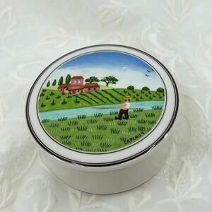 Vintage Villeroy & Boch Porcelain Trinket Box Farm Scene Naif Fisherman